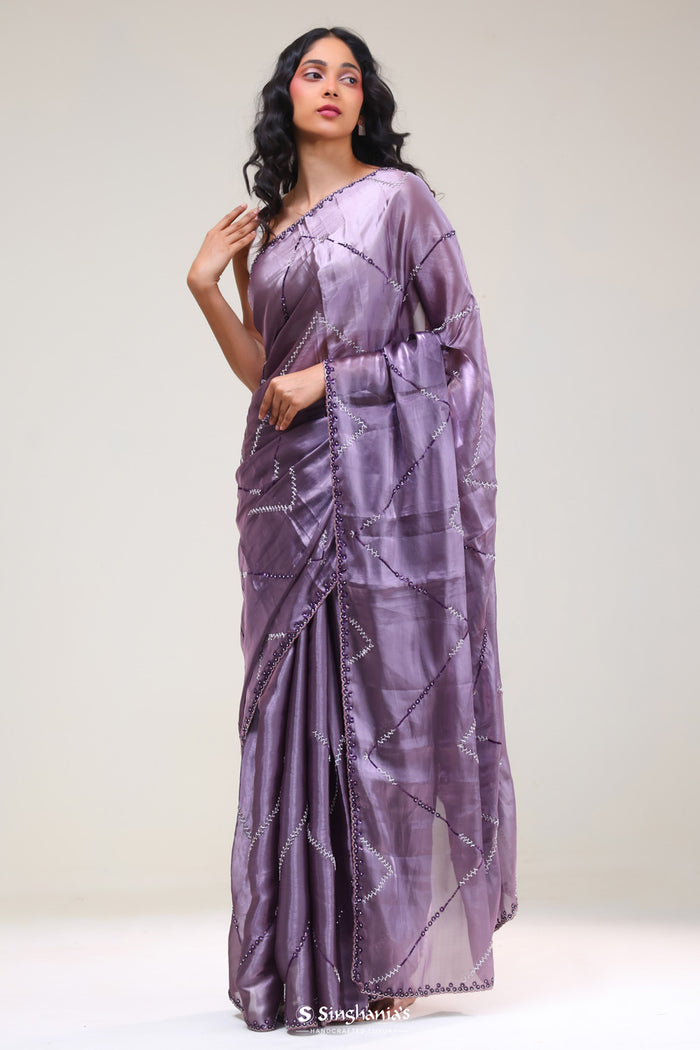 <img> Chinese Violet Silk Handcrafted Saree