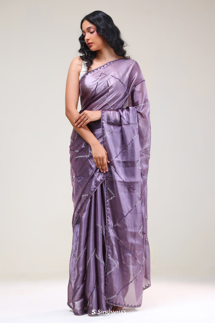 <img> Chinese Violet Silk Handcrafted Saree