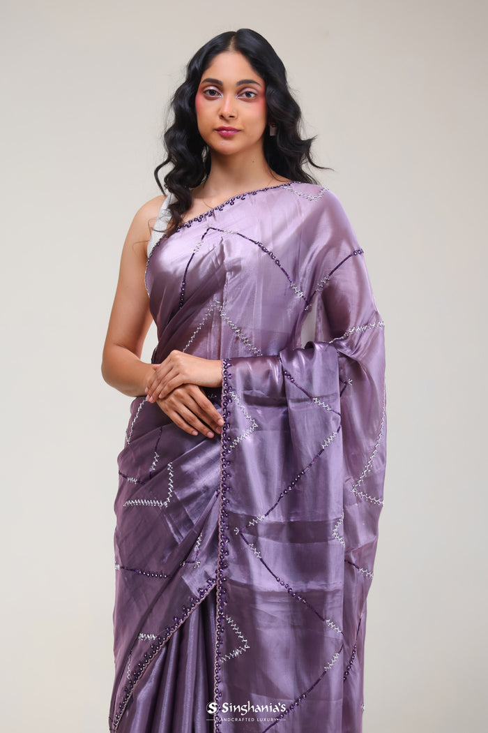 <img> Chinese Violet Silk Handcrafted Saree