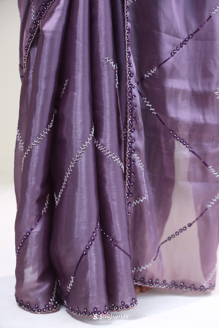 <img> Chinese Violet Silk Handcrafted Saree