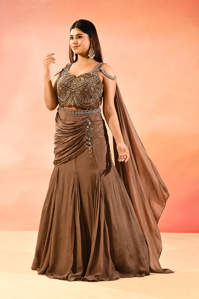 Chocolate Brown Embroidery Crop Top Set