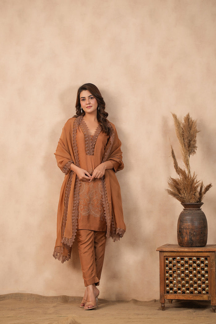 Chocolate Brown Russian Silk Embroidered Kurti Set