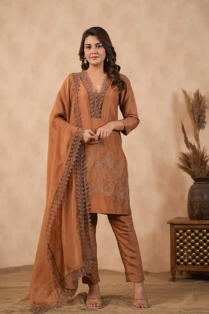 Chocolate Brown Russian Silk Embroidered Kurti Set