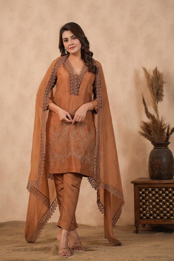 Chocolate Brown Russian Silk Embroidered Kurti Set