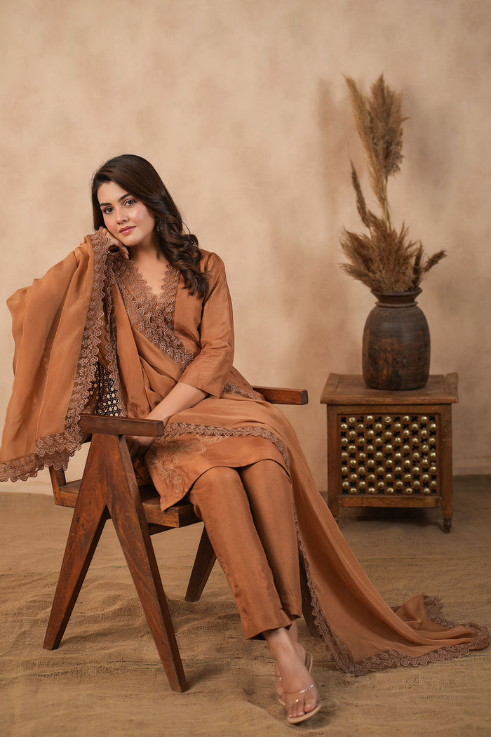 Chocolate Brown Russian Silk Embroidered Kurti Set