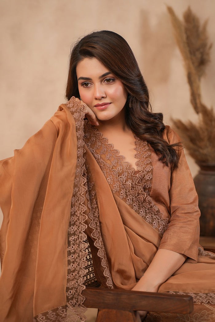 Chocolate Brown Russian Silk Embroidered Kurti Set