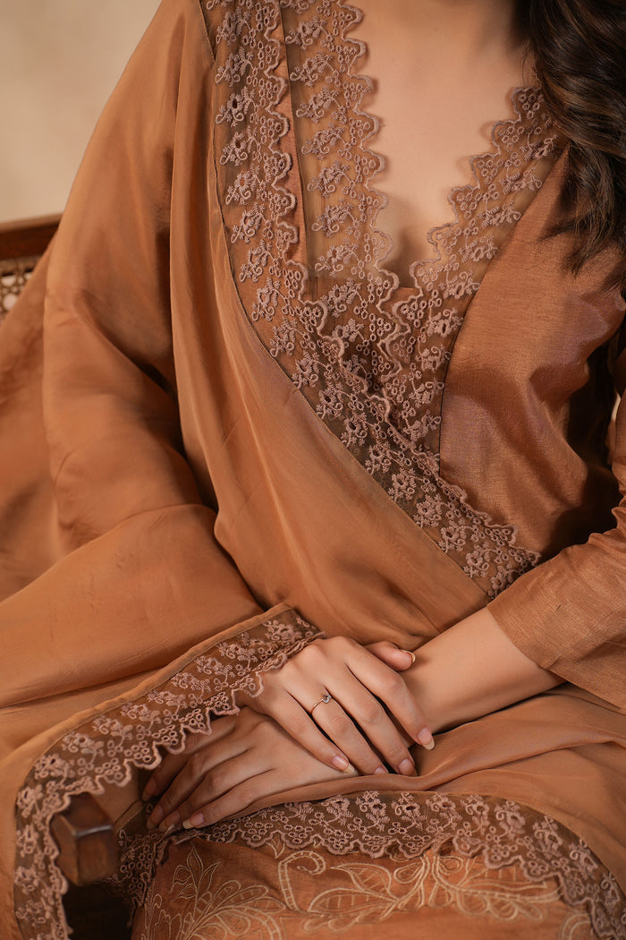 Chocolate Brown Russian Silk Embroidered Kurti Set
