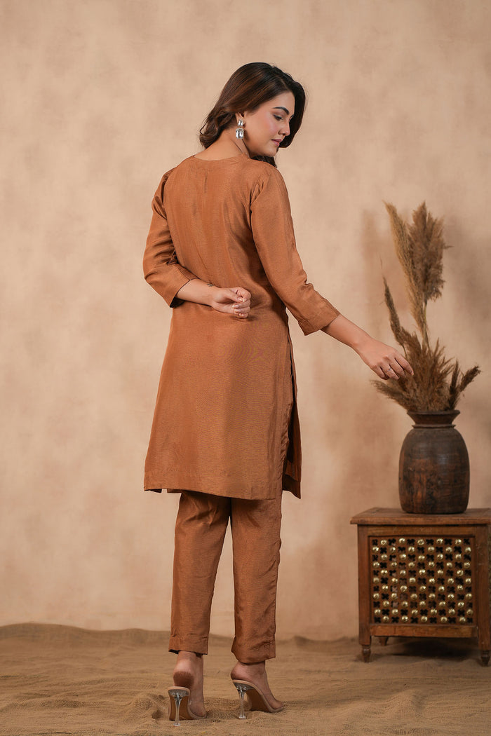 Chocolate Brown Russian Silk Embroidered Kurti Set