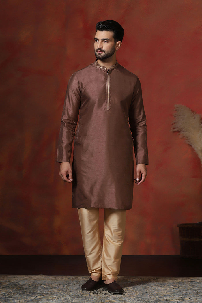Chocolate Brown Solid Dupion Kurta Set