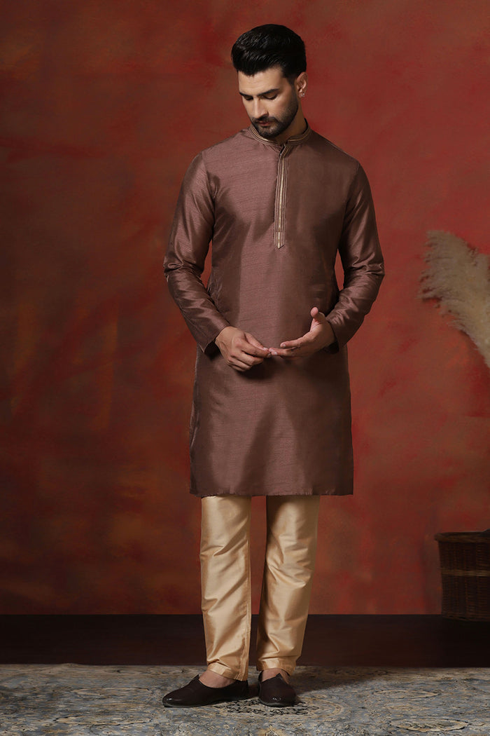 Chocolate Brown Solid Dupion Kurta Set