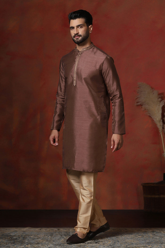 Chocolate Brown Solid Dupion Kurta Set
