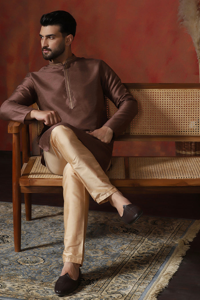 Chocolate Brown Solid Dupion Kurta Set