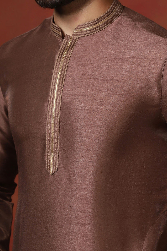 Chocolate Brown Solid Dupion Kurta Set