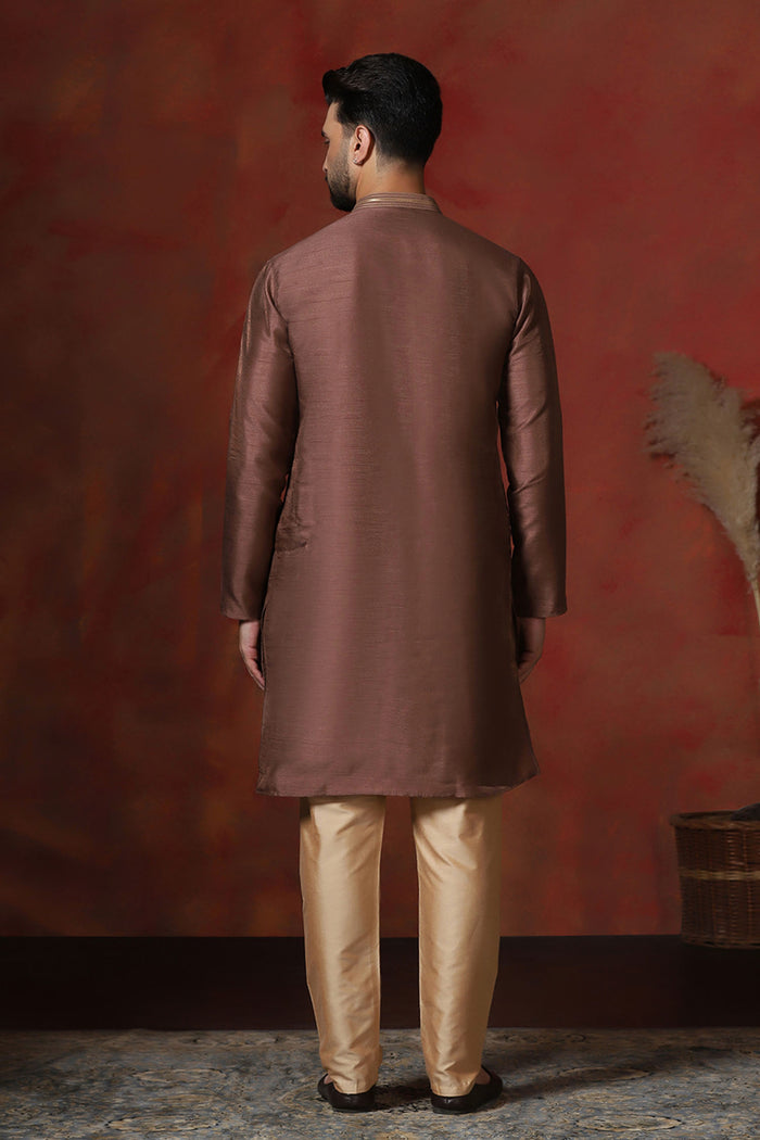 Chocolate Brown Solid Dupion Kurta Set