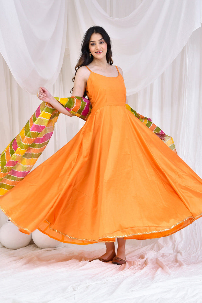 <img> Chrome Yellow Cotton Silk Anarkali Set