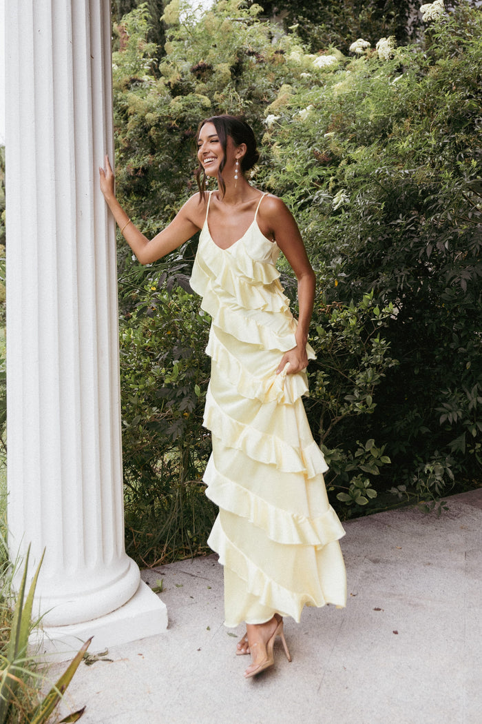 Petal and Pup USA DRESSES Ciao Ruffles Maxi Satin Dress - Pale Yellow