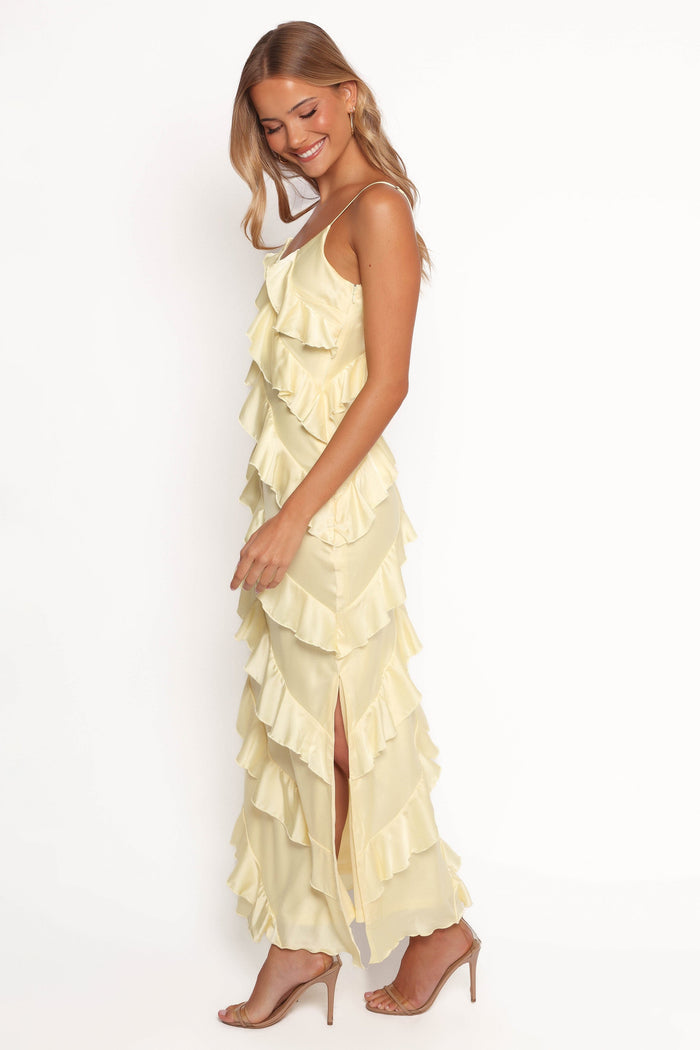 Petal and Pup USA DRESSES Ciao Ruffles Maxi Satin Dress - Pale Yellow