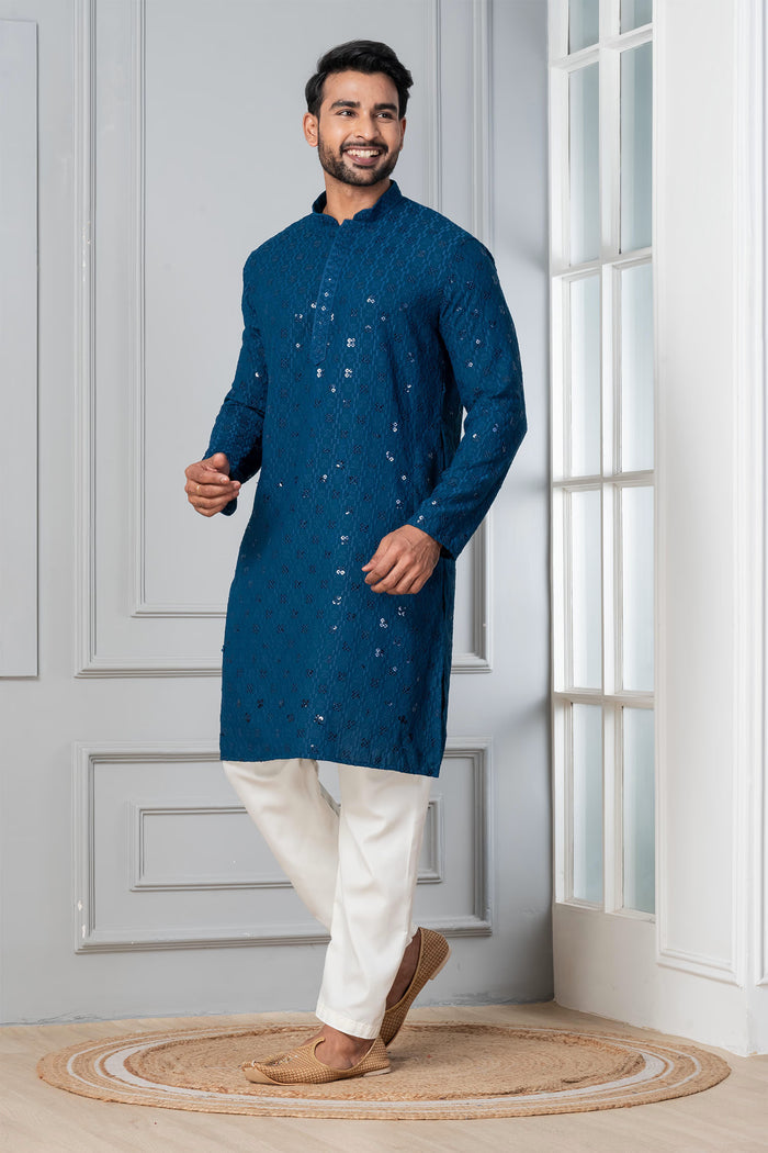 Classic Blue Cotton Silk Embroidered Kurta Set