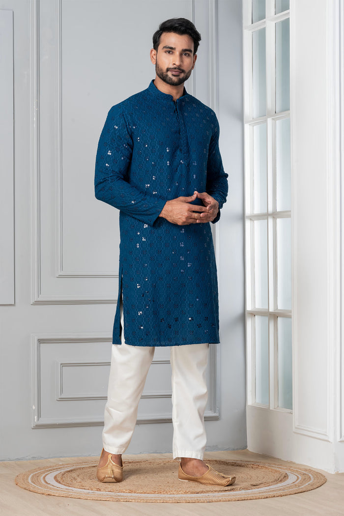 Classic Blue Cotton Silk Embroidered Kurta Set