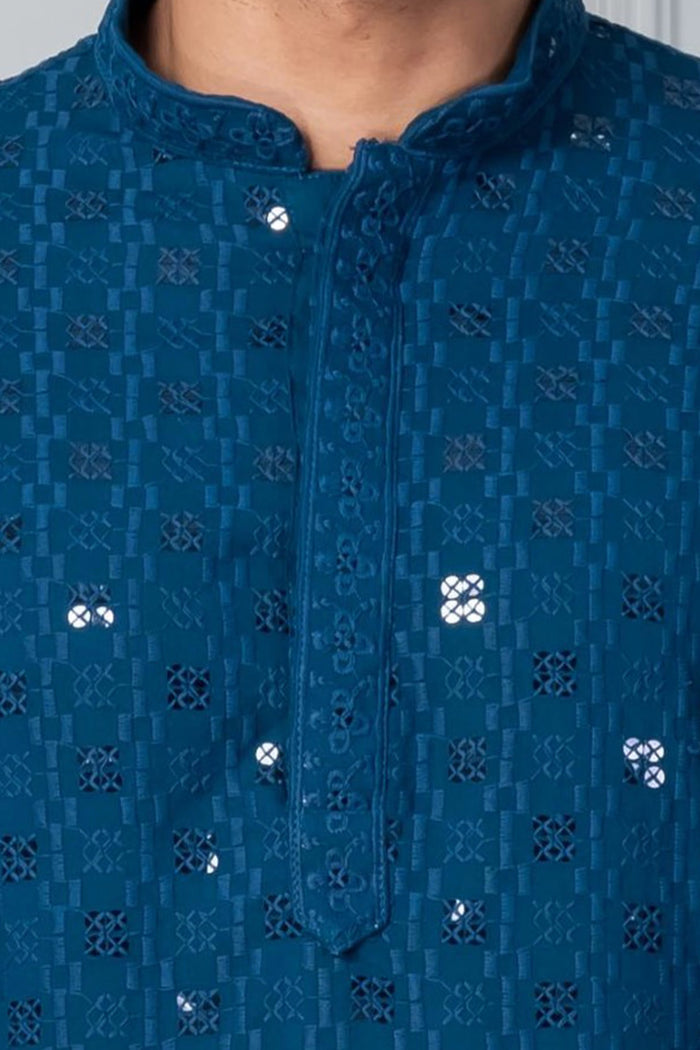 Classic Blue Cotton Silk Embroidered Kurta Set