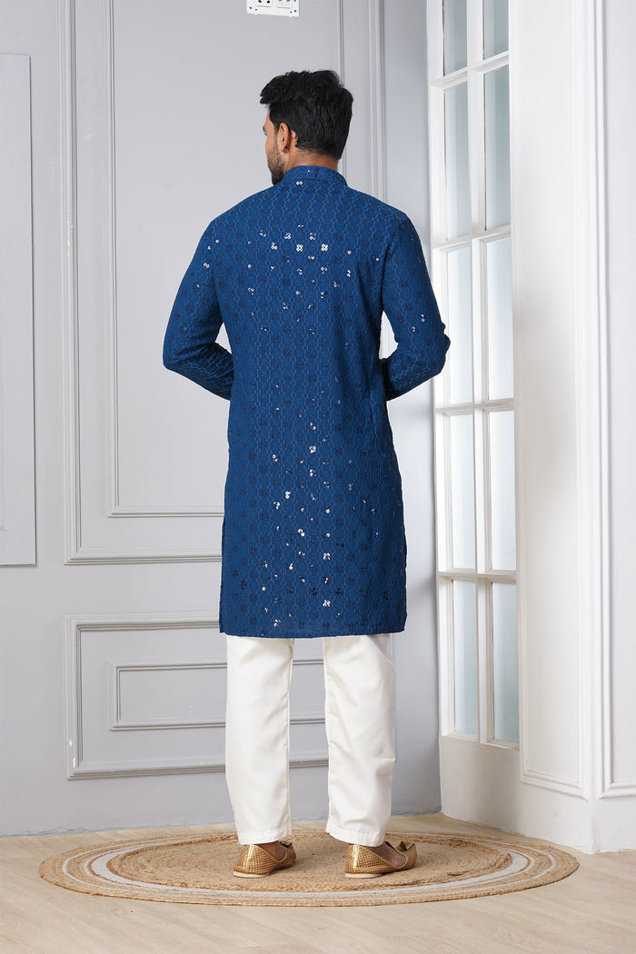 Classic Blue Cotton Silk Embroidered Kurta Set