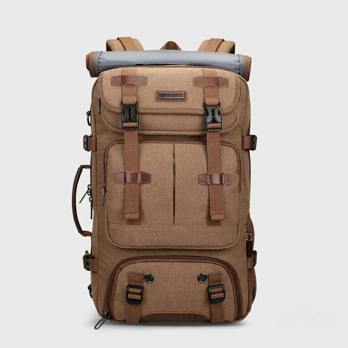 WITZMAN A8013 brown canvas travel backpack for men with 45L carry-on capacity and multiple compartments