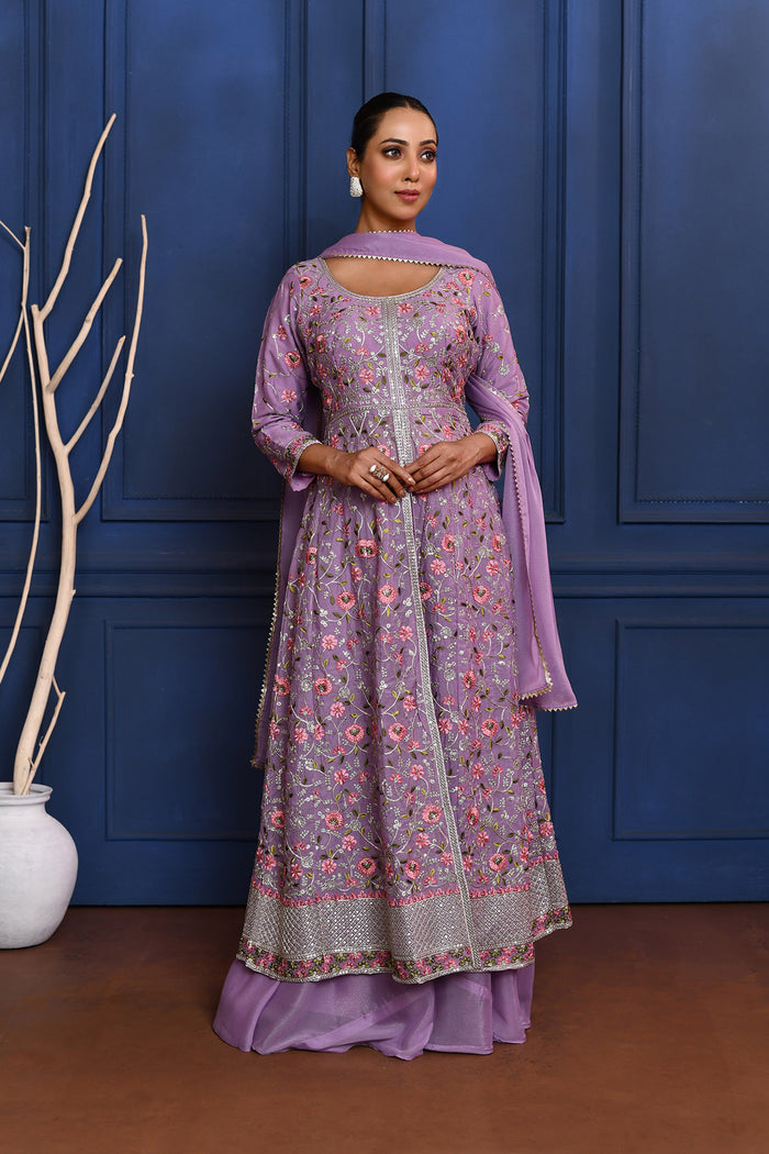 Classic Light Purple Floral Tissue Anarkali Set