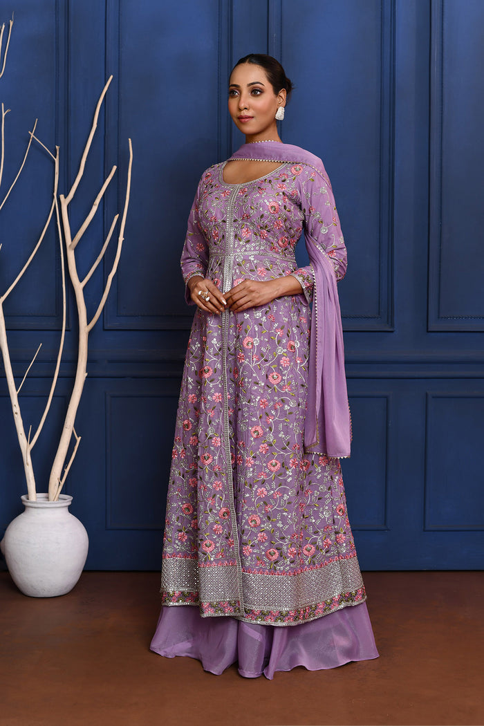 Classic Light Purple Floral Tissue Anarkali Set