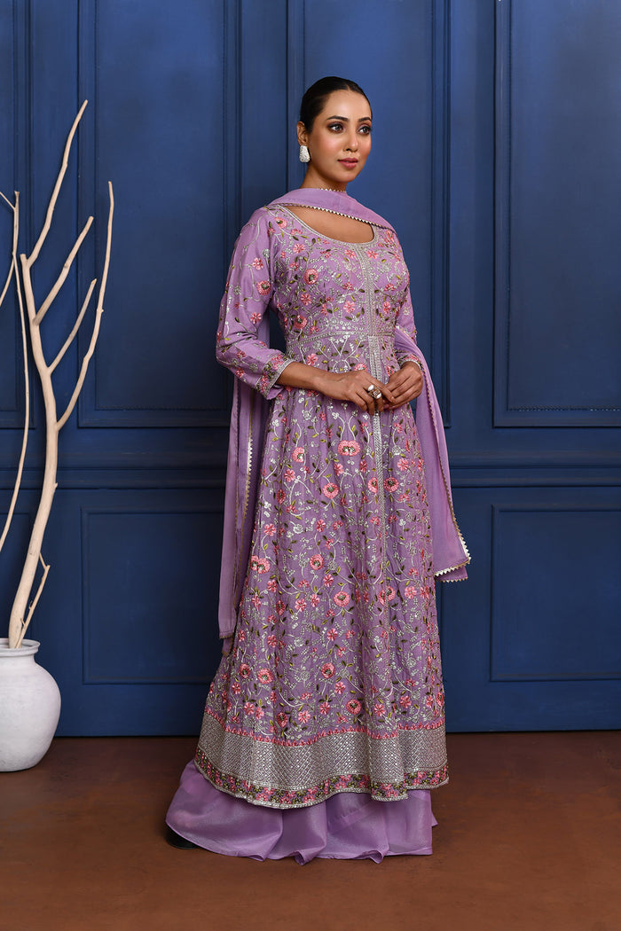 Classic Light Purple Floral Tissue Anarkali Set
