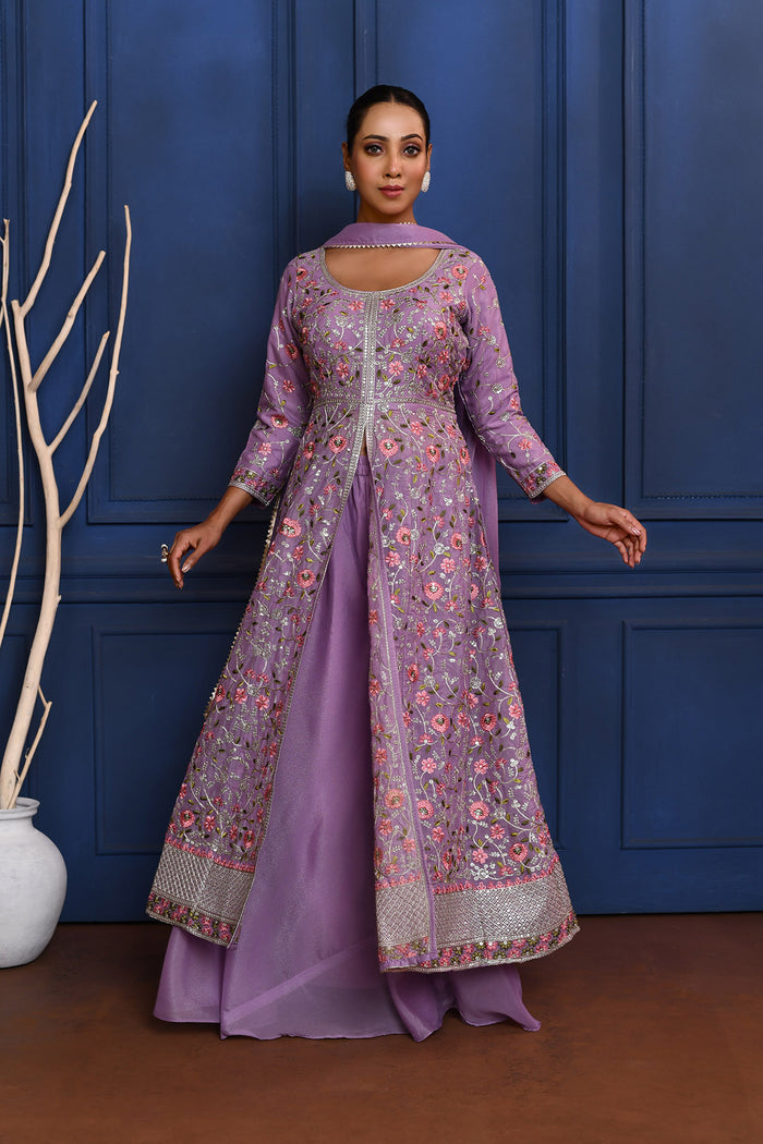 Classic Light Purple Floral Tissue Anarkali Set