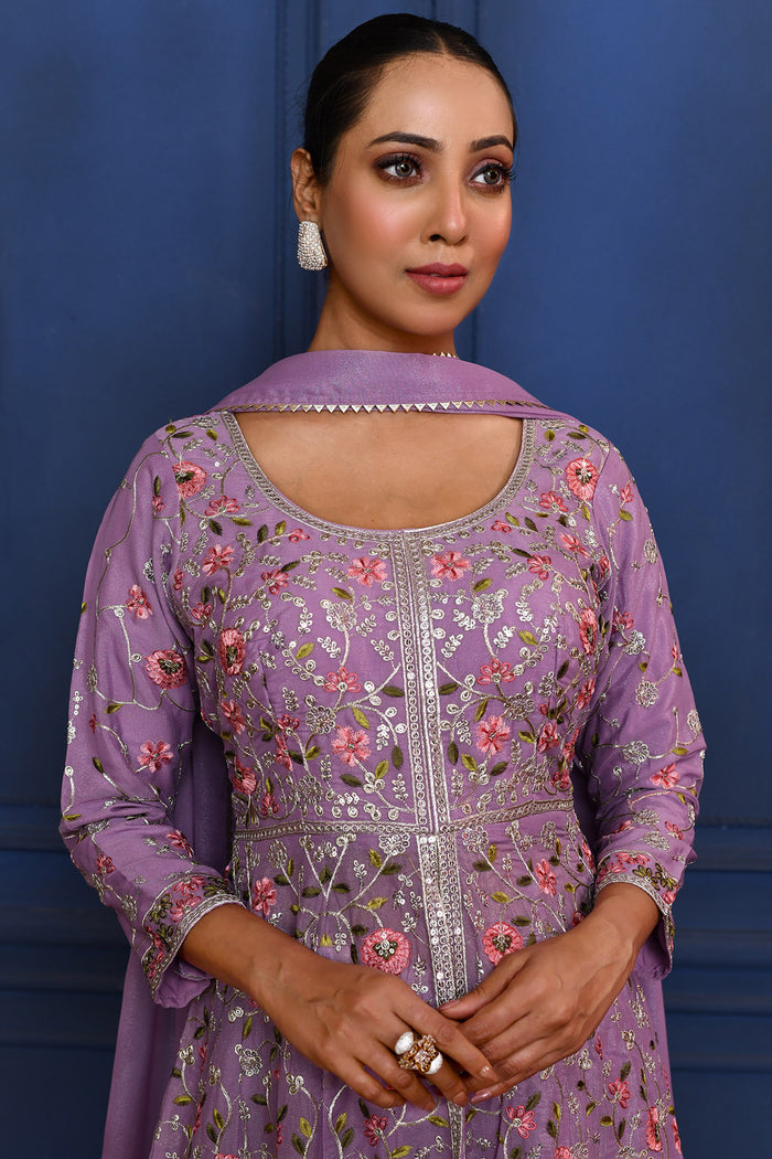 Classic Light Purple Floral Tissue Anarkali Set