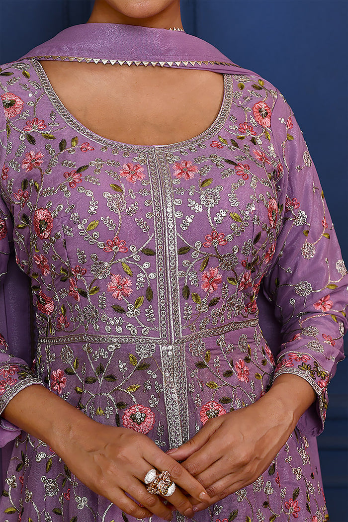 Classic Light Purple Floral Tissue Anarkali Set