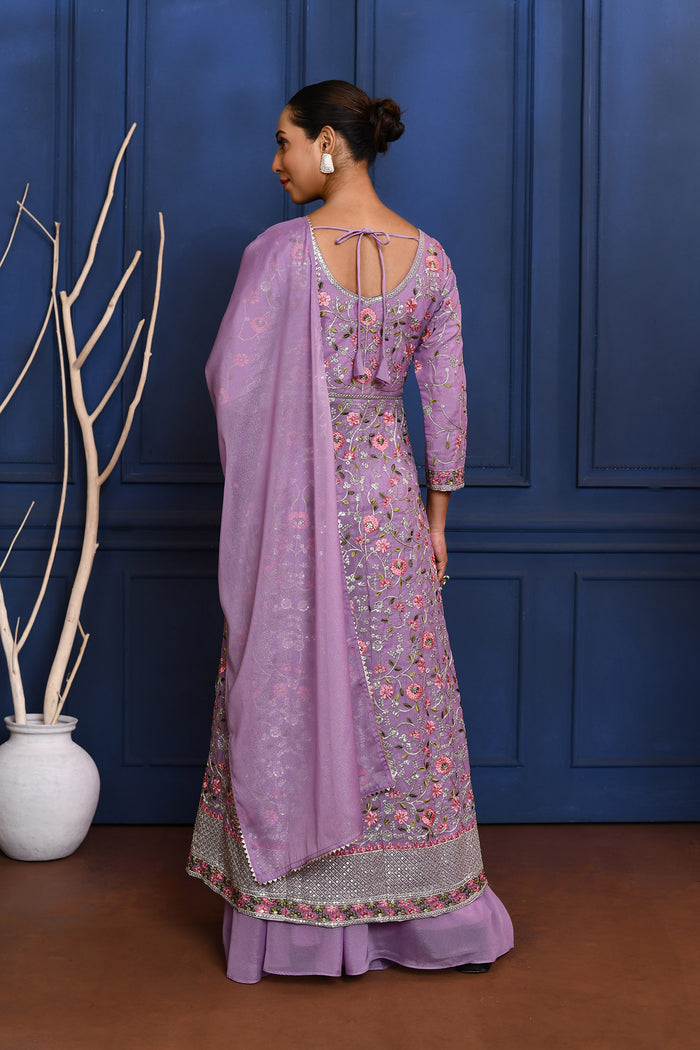 Classic Light Purple Floral Tissue Anarkali Set