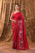 Classic Red Embroidered Satin Silk Saree