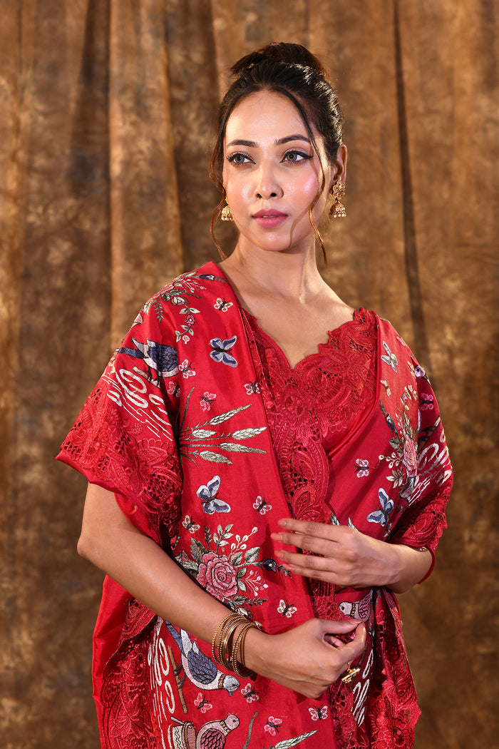 Classic Red Embroidered Satin Silk Saree