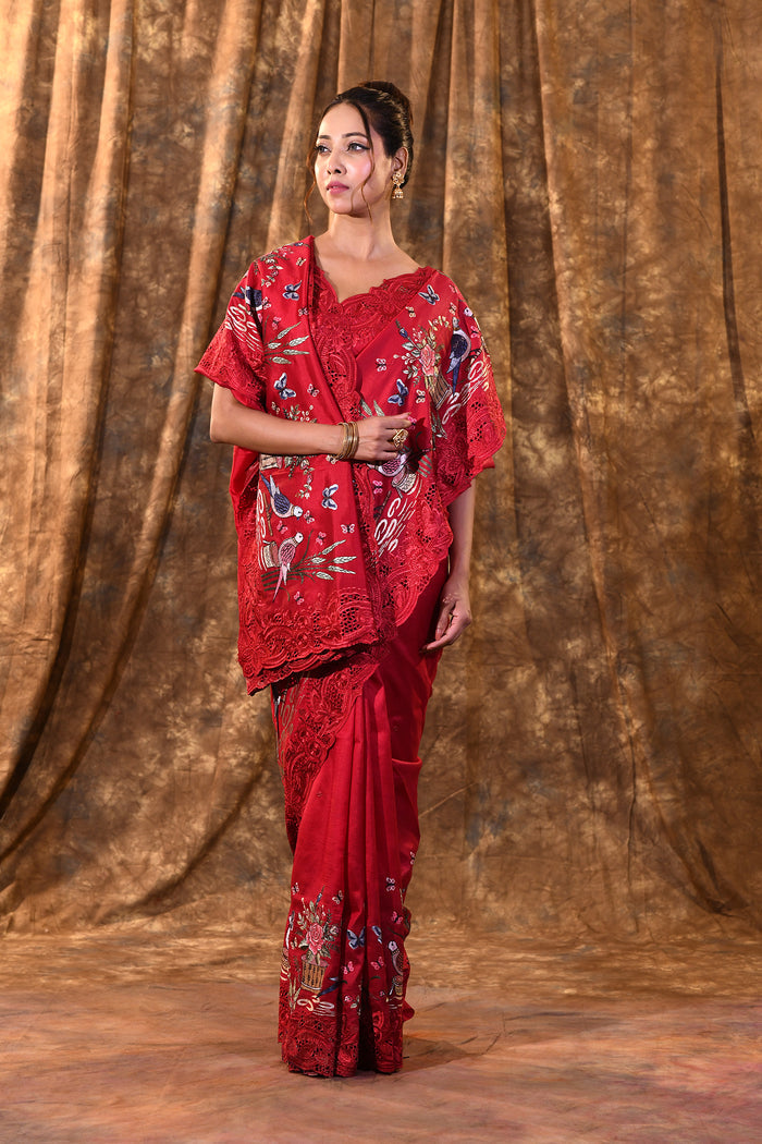 Classic Red Embroidered Satin Silk Saree