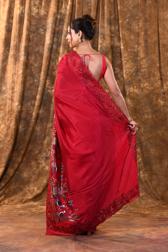Classic Red Embroidered Satin Silk Saree