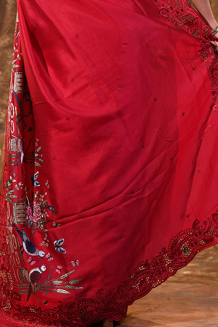 Classic Red Embroidered Satin Silk Saree