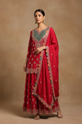 Classic Red Satin Silk Embroidered Sharara Set