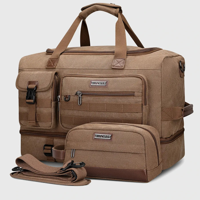 Classic Vintage Canvas Duffel Bag with Toiletry Set, front exterior and overall shape