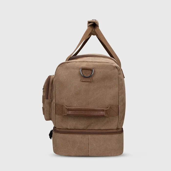 Classic Vintage Canvas Duffel Bag with Toiletry Set, rear panel and strap layout