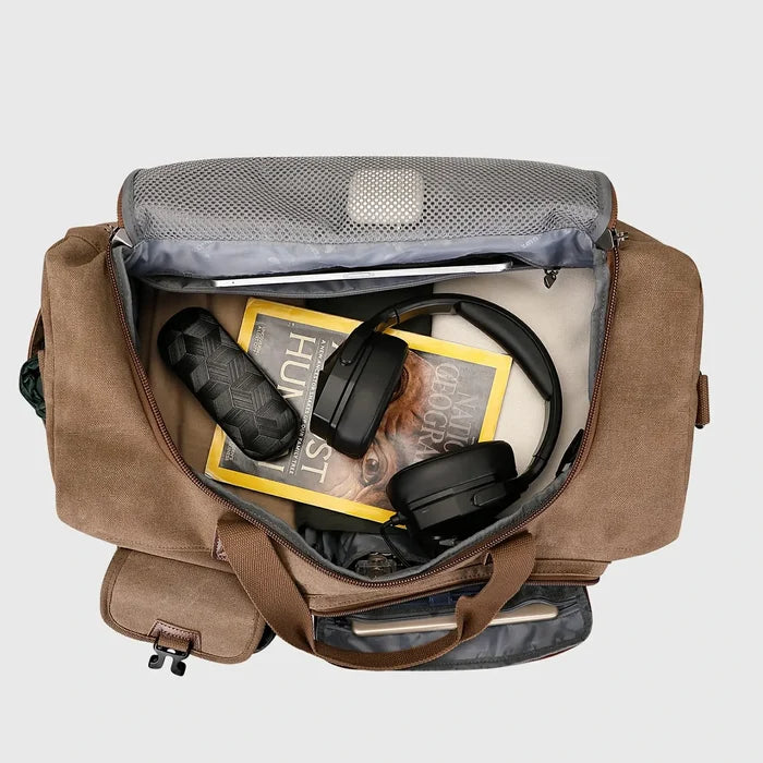 Classic Vintage Canvas Duffel Bag with Toiletry Set, front pocket and zipper layout