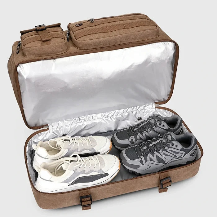Classic Vintage Canvas Duffel Bag with Toiletry Set, main compartment opened for packing