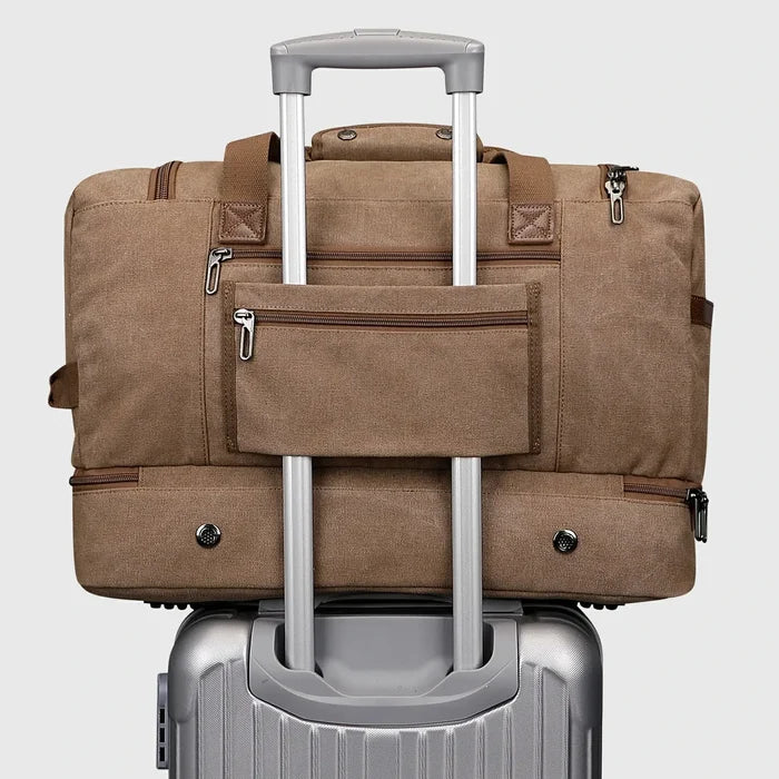 Classic Vintage Canvas Duffel Bag with Toiletry Set, carry handle and strap details