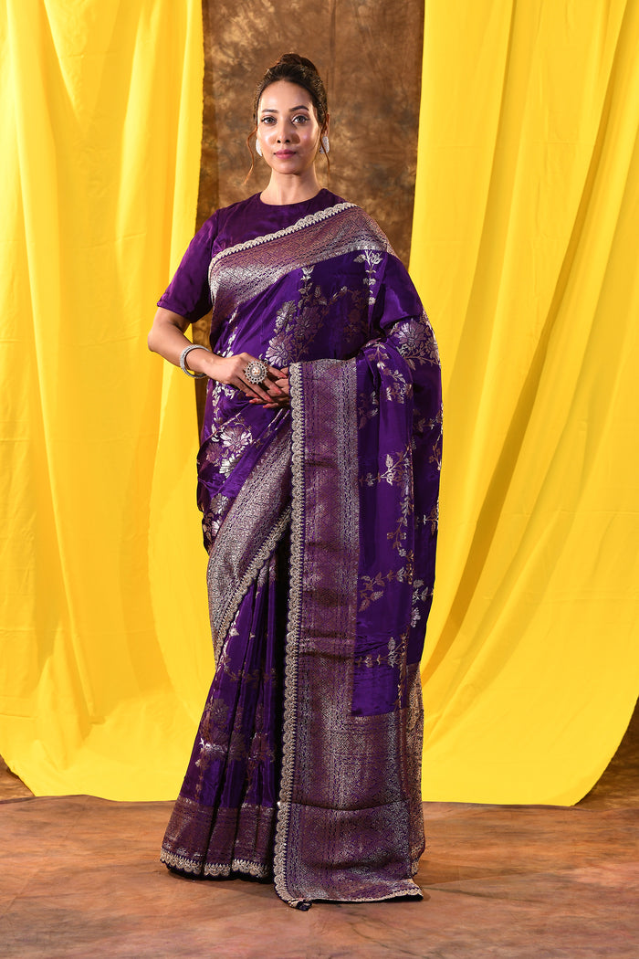 Classic Violet Floral Banarasi Silk Saree