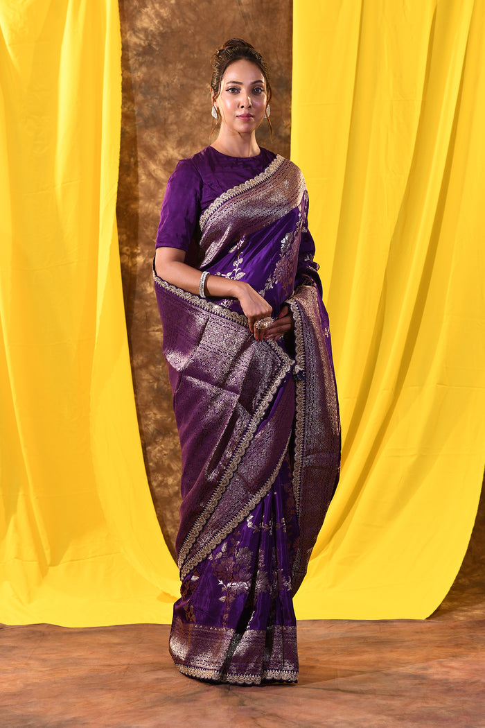Classic Violet Floral Banarasi Silk Saree