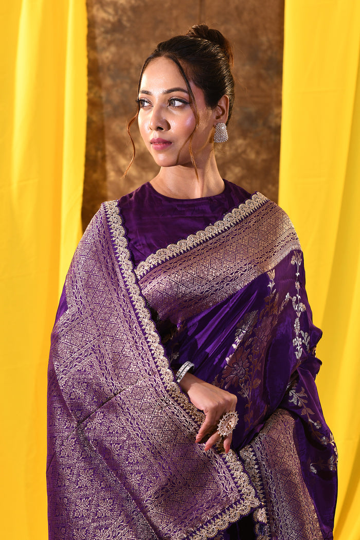 Classic Violet Floral Banarasi Silk Saree