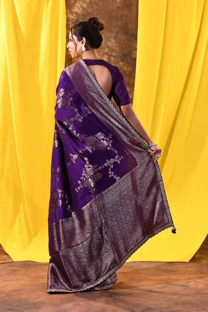 Classic Violet Floral Banarasi Silk Saree