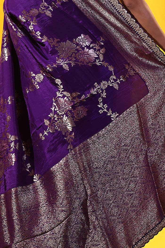 Classic Violet Floral Banarasi Silk Saree