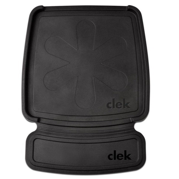 A black vehicle seat protector with the Clek logo, designed with raised edges and a non-slip surface.